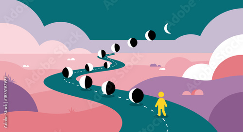 journey of life with lunar phases guiding a yellow figure on a winding path through colorful hills perfect for motivational content and personal growth