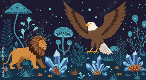 lion and eagle illustration a majestic pair amidst glowing mushrooms and crystals in a magical forest ideal for fantasy art projects