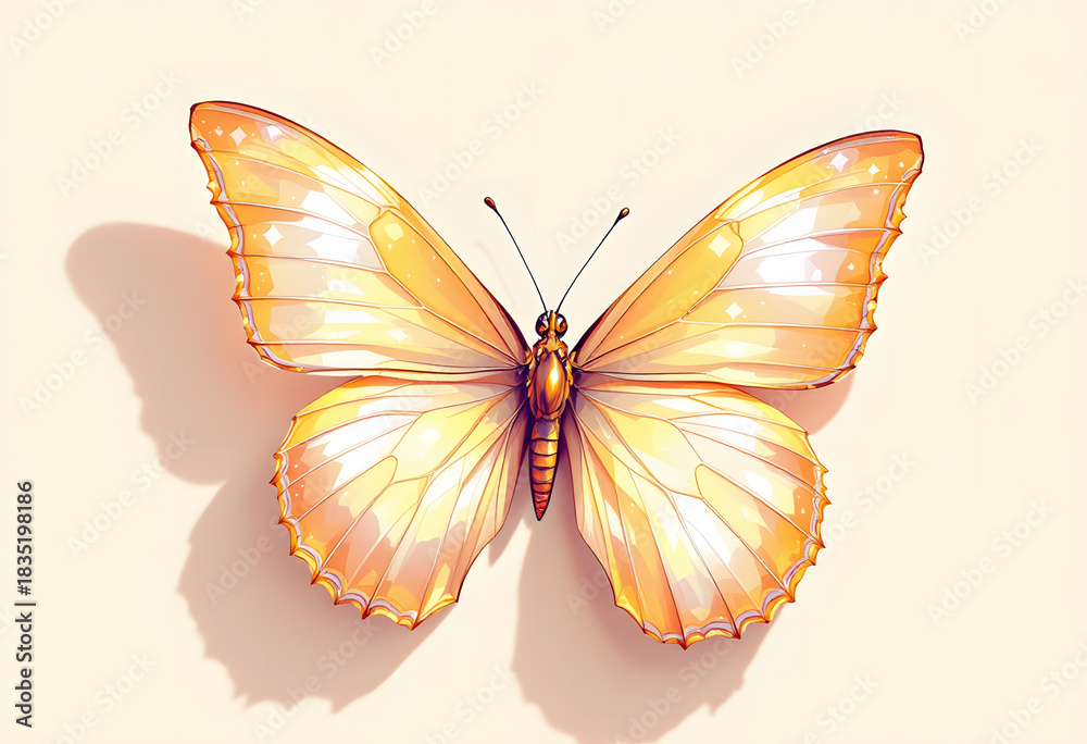 Fototapeta premium Floating isolate of a butterfly with creamy yellow wings on smooth butter yellow background, subtle shadow and natural detail, evoking calm and warmth