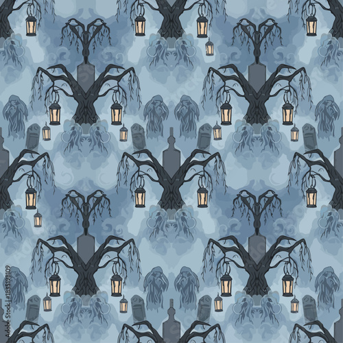 misty graveyard scene with eerie trees and glowing lanterns creating a spooky halloween backdrop perfect for festive designs and eerie atmosphere.