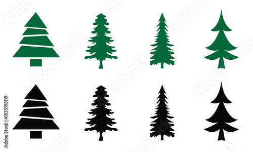 Simple Christmas Tree Icons for Design Projects. A set of minimal Christmas tree icons in filled and outline styles, useful for holiday graphics, nature themes, and modern design elements.

