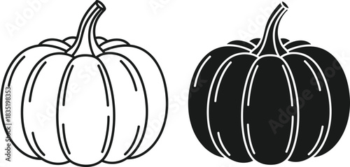 Pumpkin vector illustration set, black silhouette and outline line art, isolated on white background, autumn harvest vegetable icon for Halloween design.