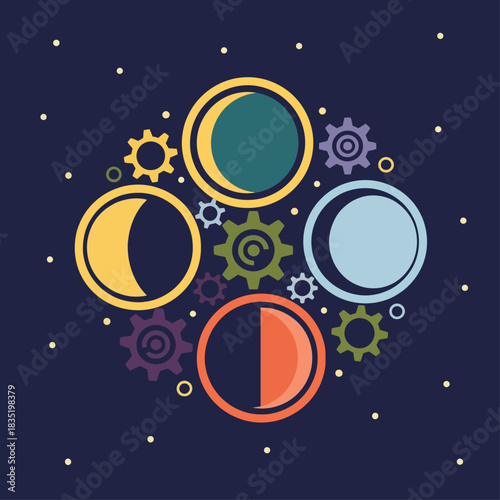 Moon phases and gears symbolize the passage of time celestial mechanics and technological cycles perfect for illustrating scientific progress.