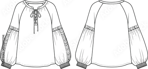 Romantic Peasant Blouse Technical Fashion Sketch CAD Drawing Template Vector Illustration: Front and Back View with Lace-up Neckline and Embroidery