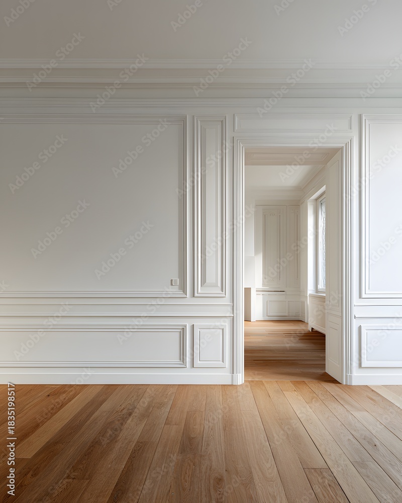 Fototapeta premium Warm minimalist space with subtle decorative molding blank center area and oak flooring