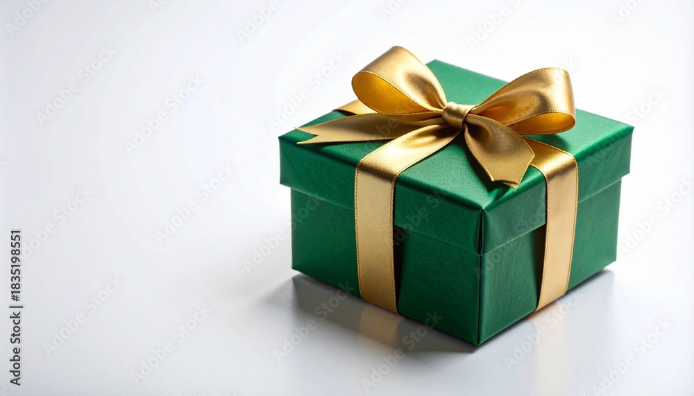 Obraz premium kado hijau cerah yang elegan dengan pita satin emas besar dan busur di atas latar belakang putih bersih.&nbsp;Hadiah yang dibungkus dengan indah ini sangat cocok untuk perayaan, hari libur, ulang tahun, at
