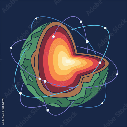 planetary cross section illustration showing earth layers and orbits a science diagram ideal for educational content about geology and earth science