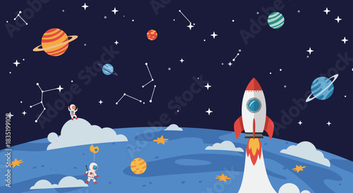 Rocket launch on a blue planet with astronauts exploring a cosmic landscape cartoon space adventure ideal for childrens illustrations and educational materials.