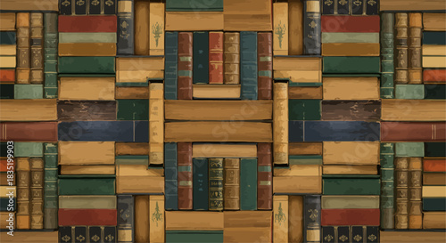 seamless pattern of vintage books antique book spines arranged creatively ideal for library-themed backgrounds and showcasing classic literature charm.