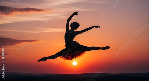 Wallpaper Mural Graceful Ballerina Silhouette Leaping Against a Vibrant Sunset Sky. Torontodigital.ca