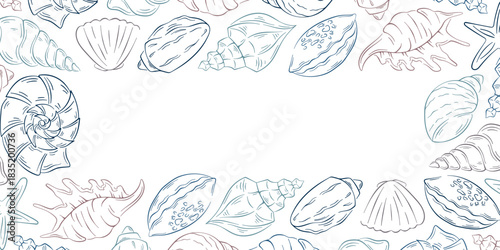 Decorative frame with various seashell in line art style. Marine themed border design.