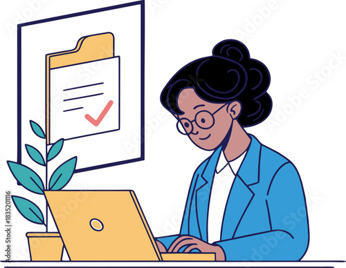 Professional woman at her desk using a laptop for efficient task management and project completion, with an approved document icon