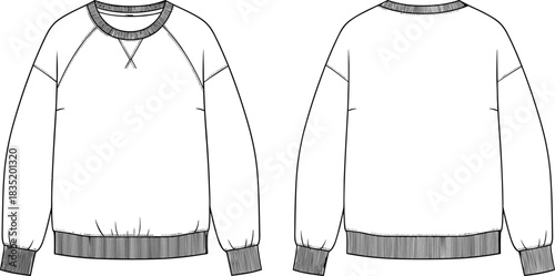 Oversize Raglan Sweatshirt CAD Drawing Flat Vector Illustration Technical Sketch Fashion Template Design Casual Apparel Clothing Top Garment Black and White.