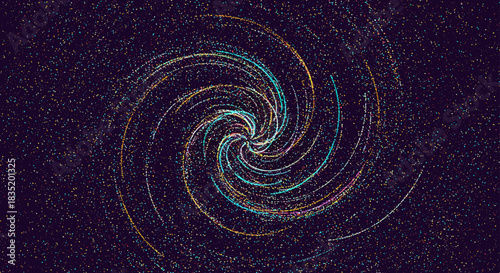 vibrant spiral galaxy swirling pattern of multi-colored light streams in a dark space ideal for illustrating cosmic beauty and astronomical themes