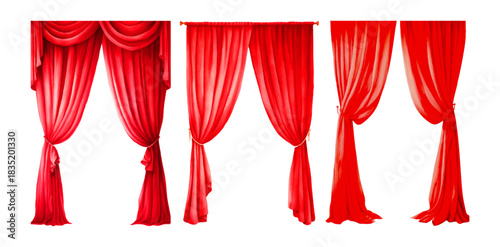 Red theater curtains in watercolor style. Open stage drapes with silk texture, luxury velvet backdrop for performance, concert hall decoration, classic cinema scene element.
