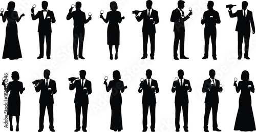 Party people silhouettes, men and women drinking wine and champagne, vector illustration collection for celebration, wedding, or cocktail event graphic design