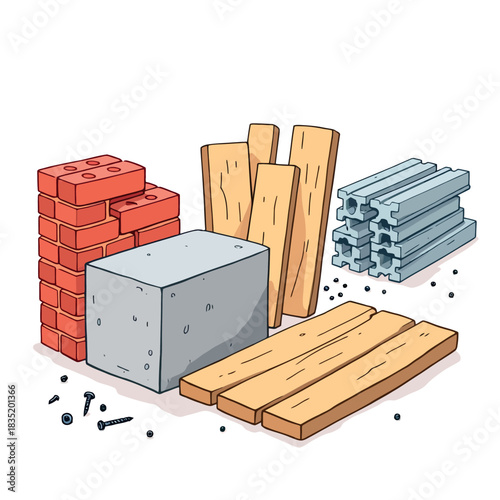 Vsai construction materials presenting bricks, wood, concrete, and metal profiles