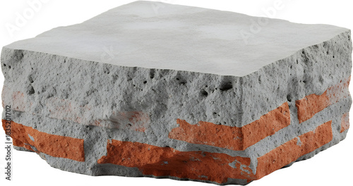 Close up view of a concrete block revealing orange brick layers within its textured grey surface Material Construction Grunge