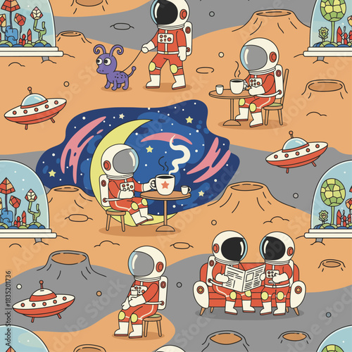 whimsical space colony scene astronauts relaxing with coffee reading and walking a pet alien on a stylized moon base perfect for retro sci-fi illustrations