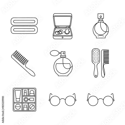 accessories collection featuring glasses jewelry box perfume makeup and comb ideal for beauty blogs personal care guides fashion layouts and gift ideas.