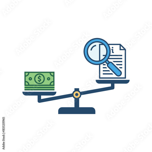 Analyzing financial document balance with a magnifying glass representing financial audit and compliance ideal for business and legal content.