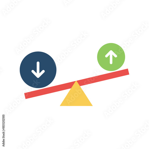 balance of up and down arrows on seesaw shows comparison depicting choices growth and decline useful for marketing and financial reports.