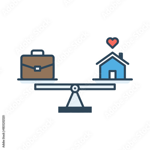 Balancing work and life showing a briefcase and house on a seesaw capturing the essence of work-life balance and priorities