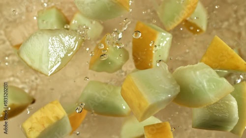 Pieces of melon fly on a light background. Filmed on a high-speed camera at 1000 fps. High quality FullHD footage