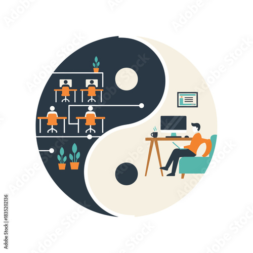 balancing work life depicting employees working remotely alongside office workers in a ying yang symbol conveying flexible work arrangements and choices