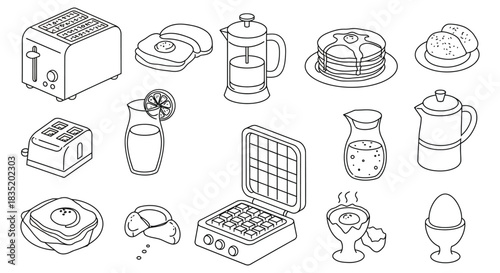 Breakfast food set toaster eggs and waffles for morning meals on a white background ideal for menu design and healthy eating illustrations.