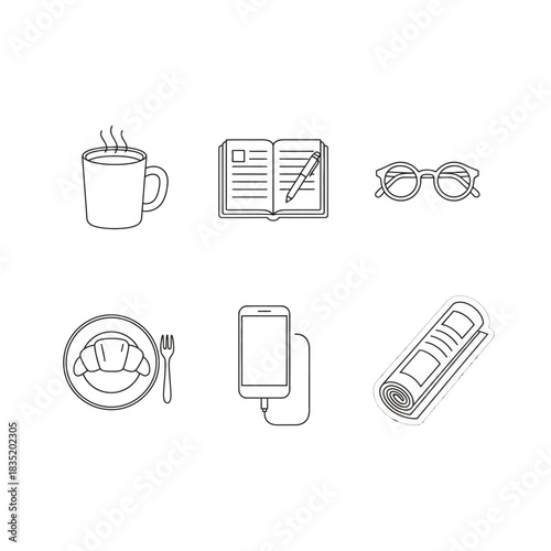 Breakfast still life Coffee croissant notebook and phone ideal for blogs articles or websites needing a cozy productive morning scene.