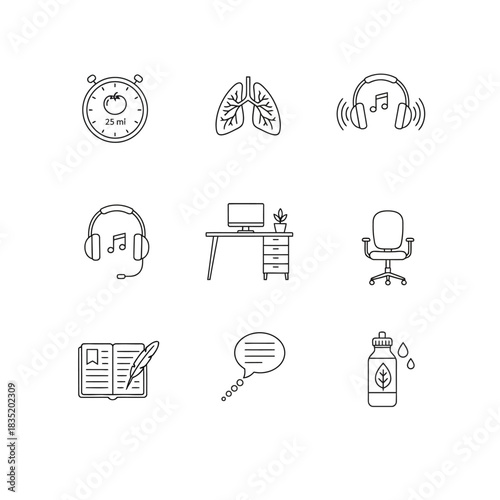 break time at work concept with lungs music desk chair bottle and book icons representing worklife balance and time management suitable for wellness articles