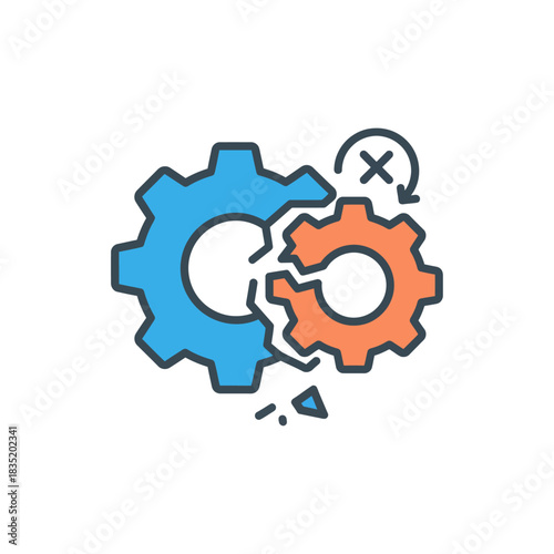 broken gear mechanism illustrating incompatibility and failure with the concept of malfunction in machine representing operational error and inefficiency