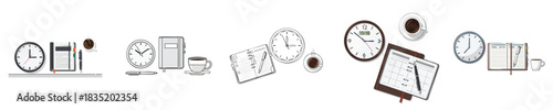 Productivity Office Flat Illustration Set With Planner And Coffee