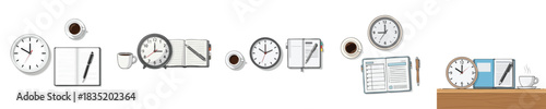 Productivity Office Desk Illustration Set With Coffee And Planner