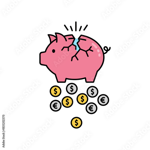 Broken piggy bank with scattered coins illustrating financial loss or economic crisis symbolizing savings depletion for finance blogs or investment reports.