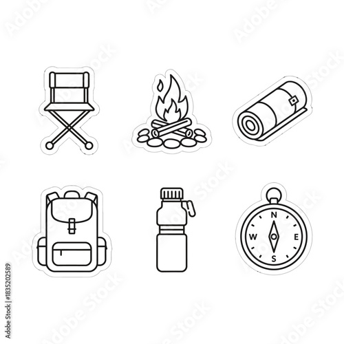 camping equipment icons chair campfire sleeping bag backpack bottle compass for wilderness adventures ideal for outdoor adventure guides websites.