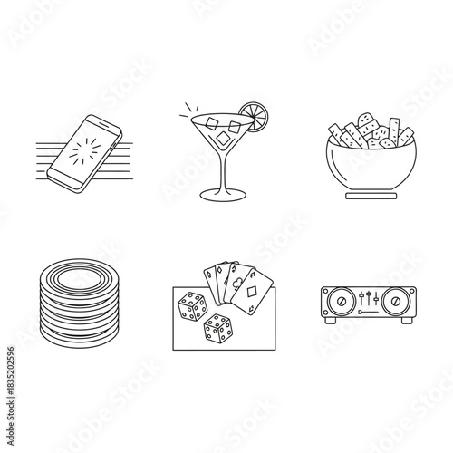 casino games concept smartphone cocktail chips dice cards and speakers for gambling and entertainment illustrations leisure activity icon set