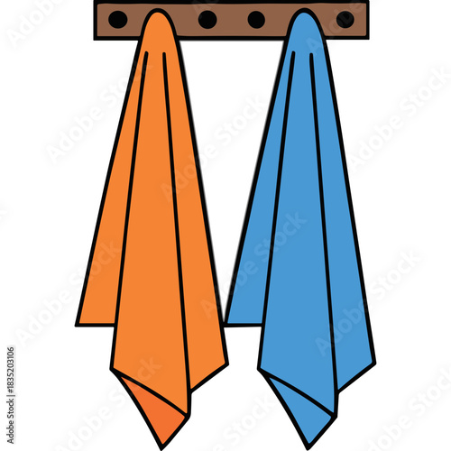 Two Bath Towels One Orange One Blue Hanging On A Wooden Rack Against A Black Background With Simple Clean Design Perfect For Bathroom Decor Or Spa Use