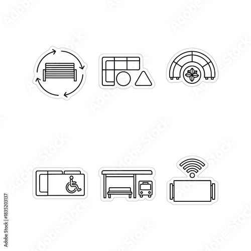 connected city infrastructure symbols public wifi bus stop bench and accessibility illustrating modern urban planning and smart city development