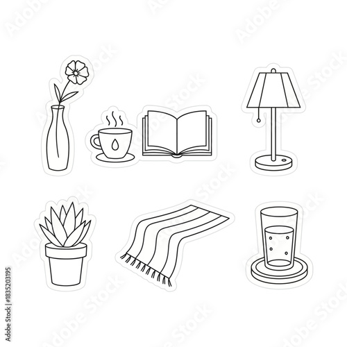 cozy home decor elements flower in vase coffee book lamp plant blanket water glass a set of comfy items for promoting relaxation and mindfulness