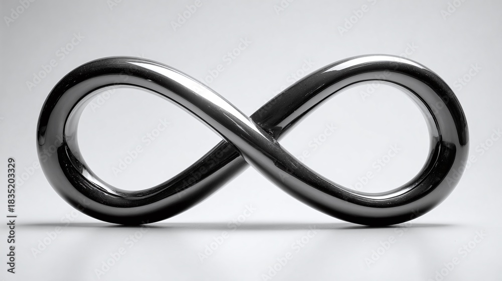 Fototapeta premium Elegant infinity symbol gracefully loops against a smooth, gradient background. The sleek metal reflects light, creating depth and a timeless appeal. Symbolizing never-ending.