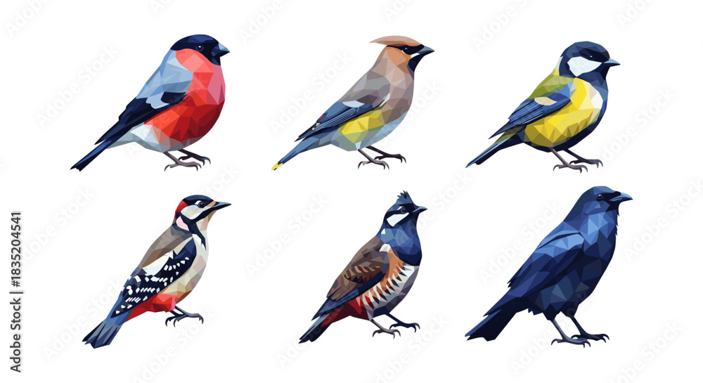 Obraz premium Geometric birds collection: colorful low poly avian designs
