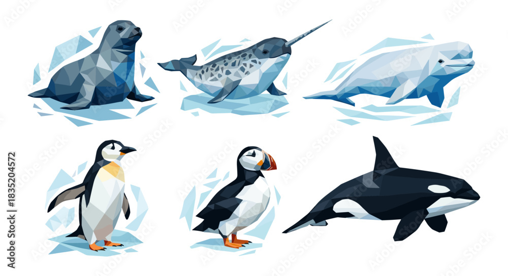 Fototapeta premium Low poly arctic animals collection: seal, narwhal, beluga, penguin, puffin, and orca