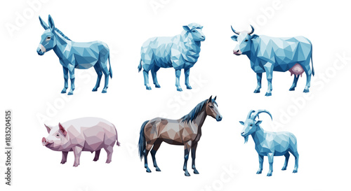 Geometric farm animals in low poly style: artistic collection of domestic creatures