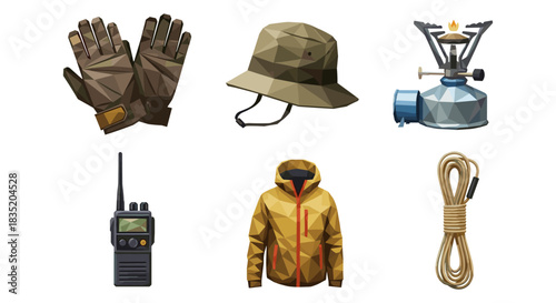 Camping gear set featuring polygonal style equipment icons for outdoor adventures