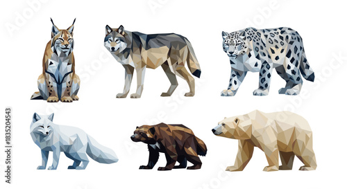 Low poly wild animals collection featuring lynx, wolf, snow leopard, arctic fox, wolverine, polar bear