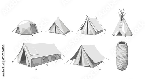 Monochrome low poly camping gear set featuring tents and sleeping bag