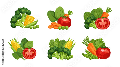 Collection of fresh low poly vegetables with leafy greens and corn