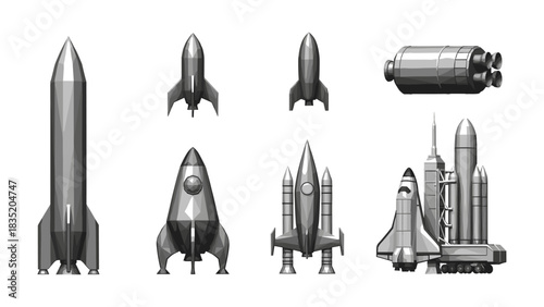 Geometric low poly spaceships and rockets collection in black and white